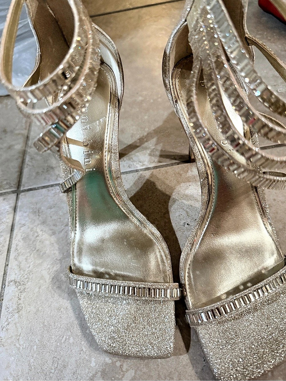Gianni Bini Glitter Crystal-Strap Heels in Gold